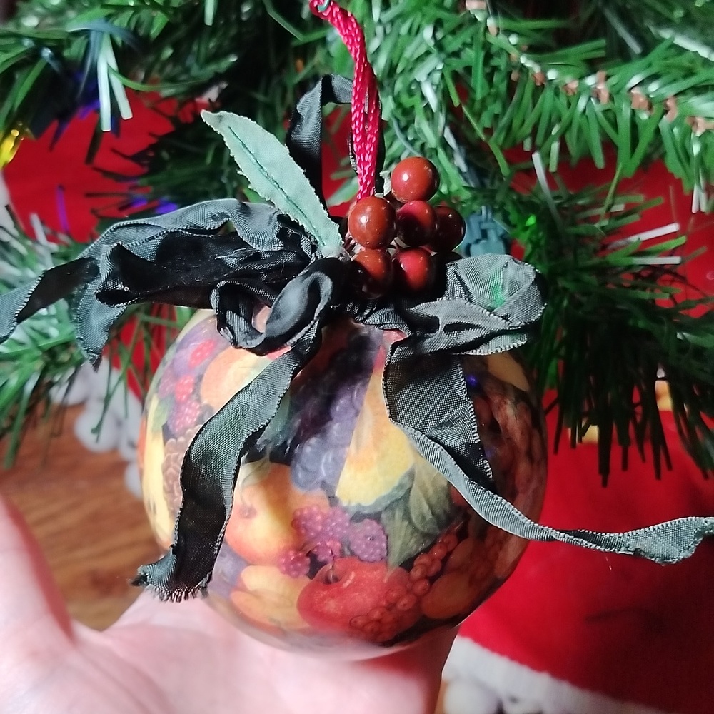 Ball Christmas Ornament with fruit print on it